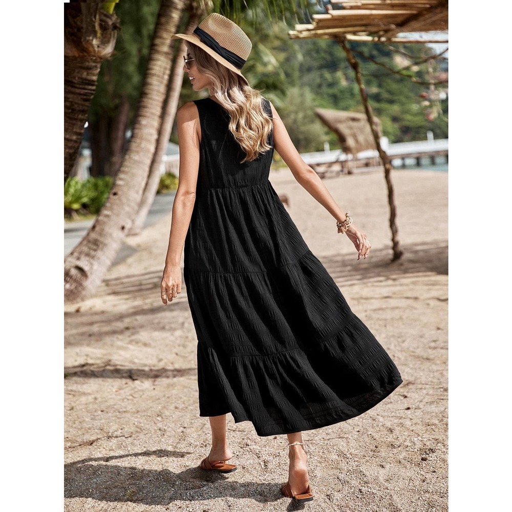 Solid Ruffle Hem Smock midi Dress black - Picture 2 of 3